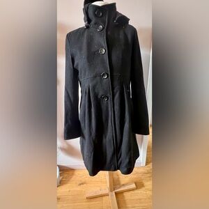 DKNY Black Wool Princess Seamed Hooded Coat,